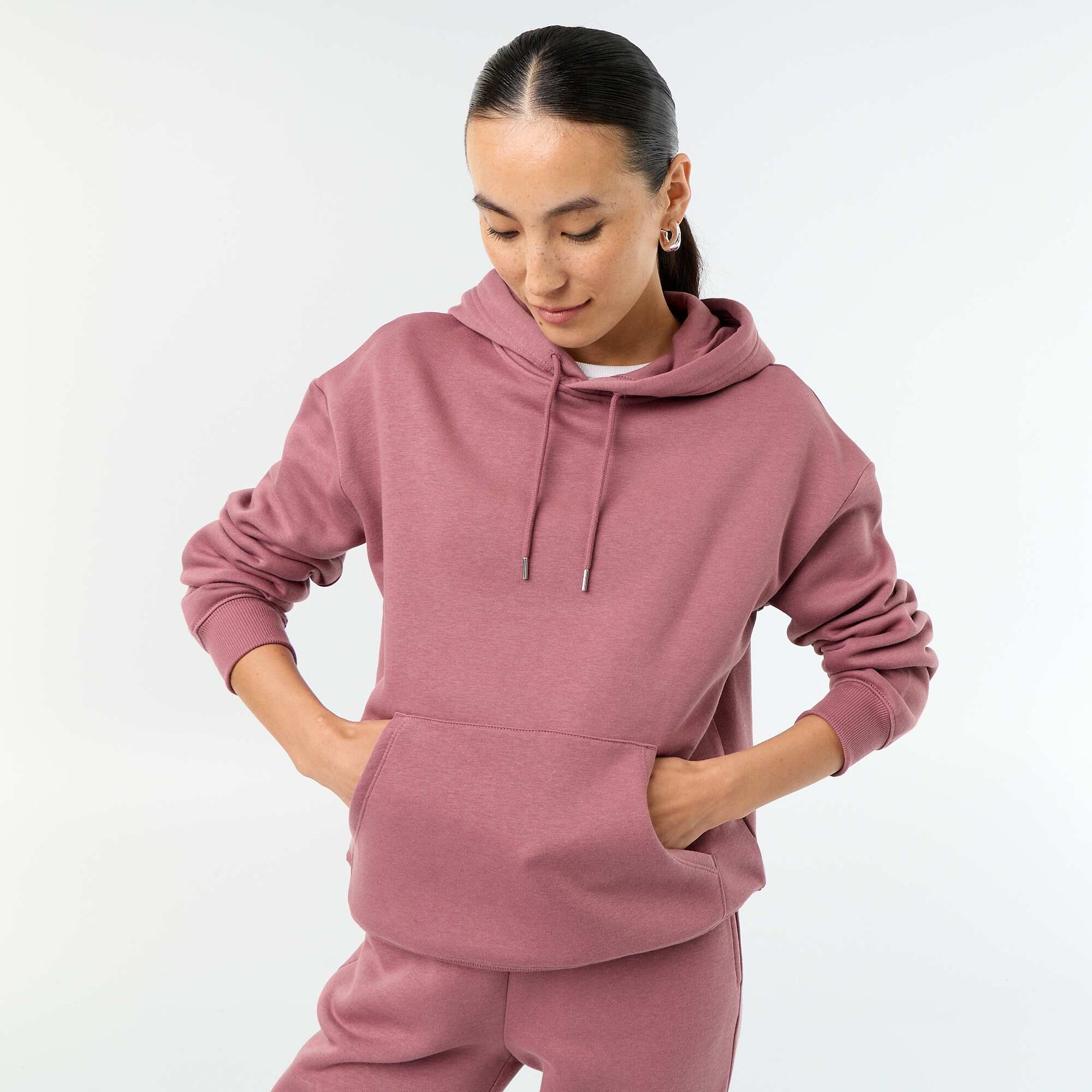 Sweat à capuche uni avec poche kangourou ROSE
