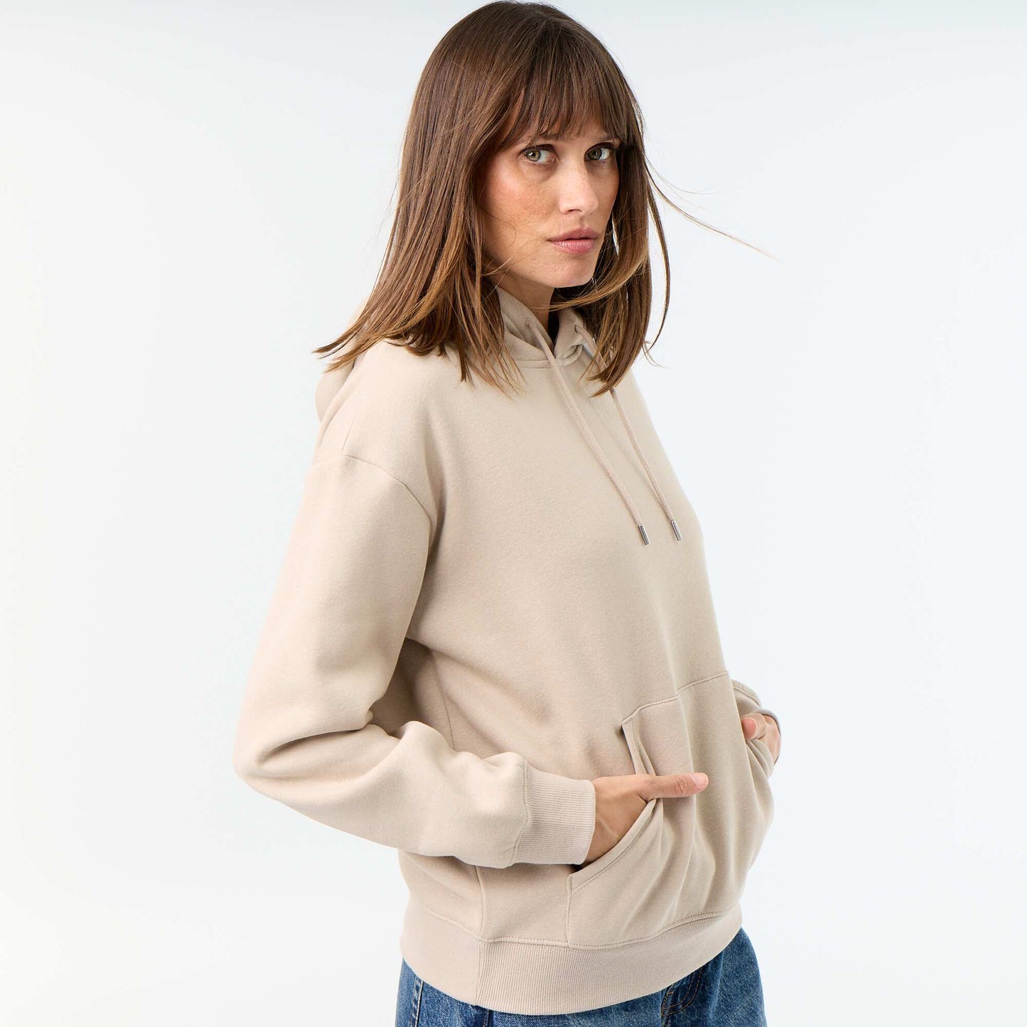 Sweat à capuche uni avec poche kangourou BEIGE