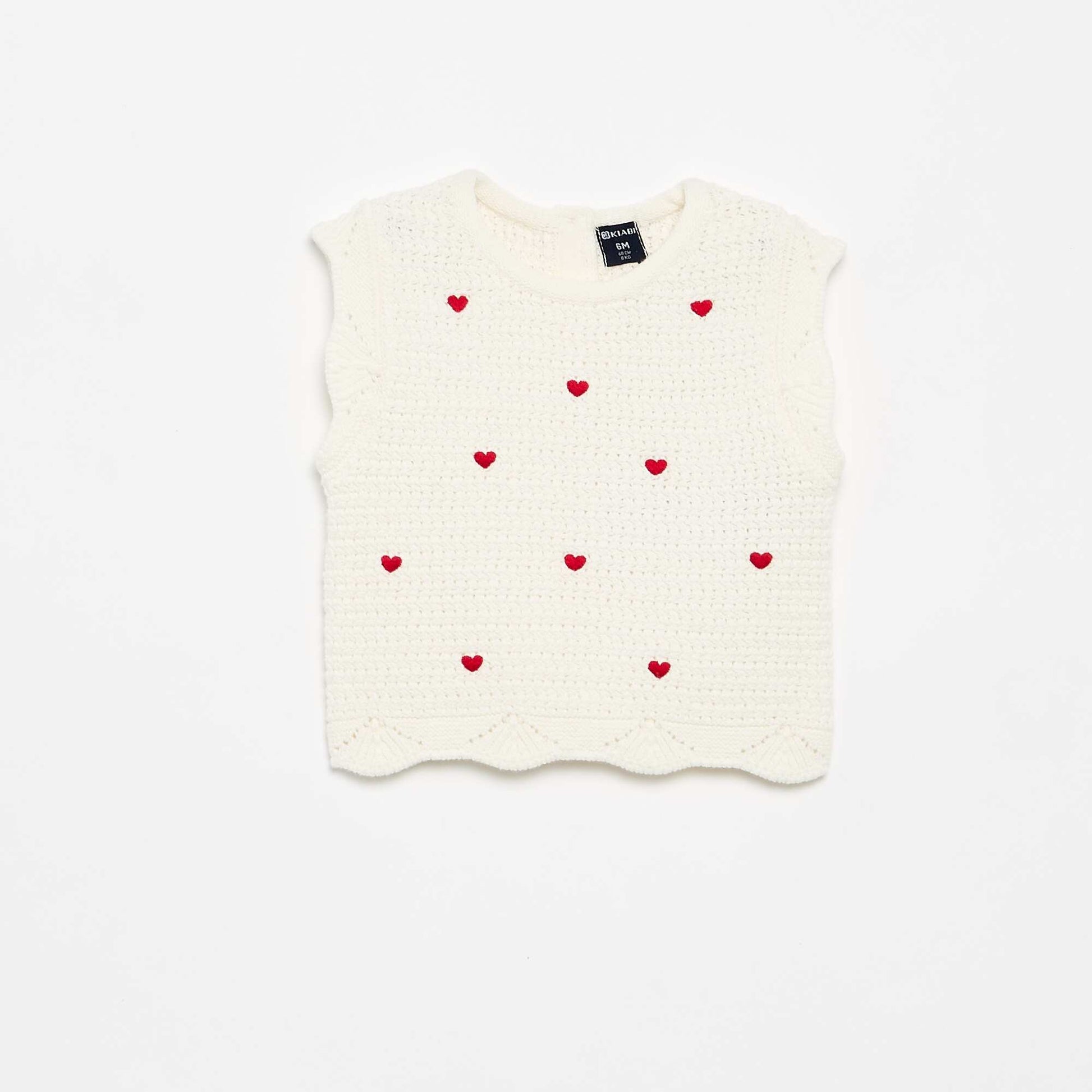 Pull en tricot avec broderies 'cœurs' BLANC