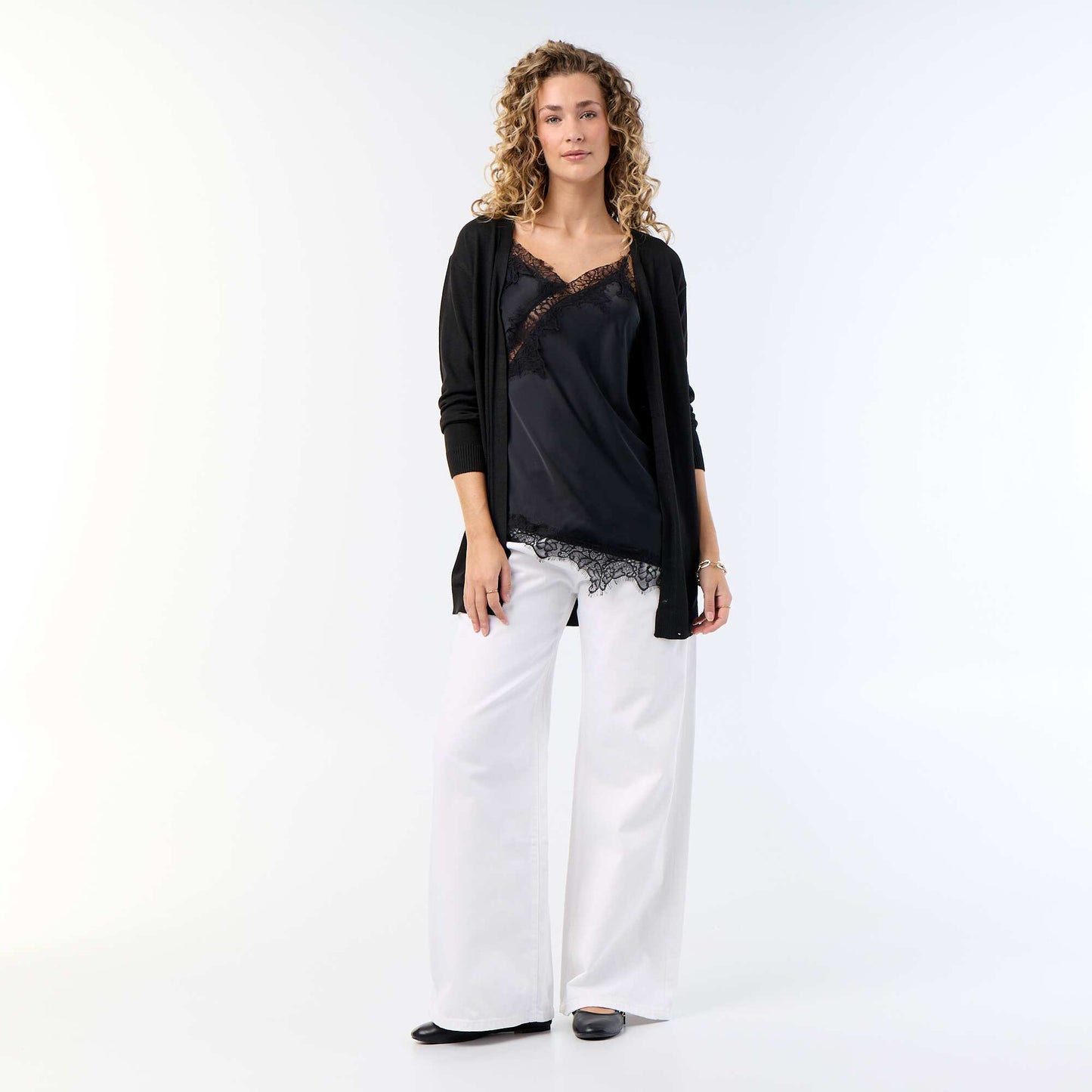 Gilet court ouvert en maille fine jauge NOIR