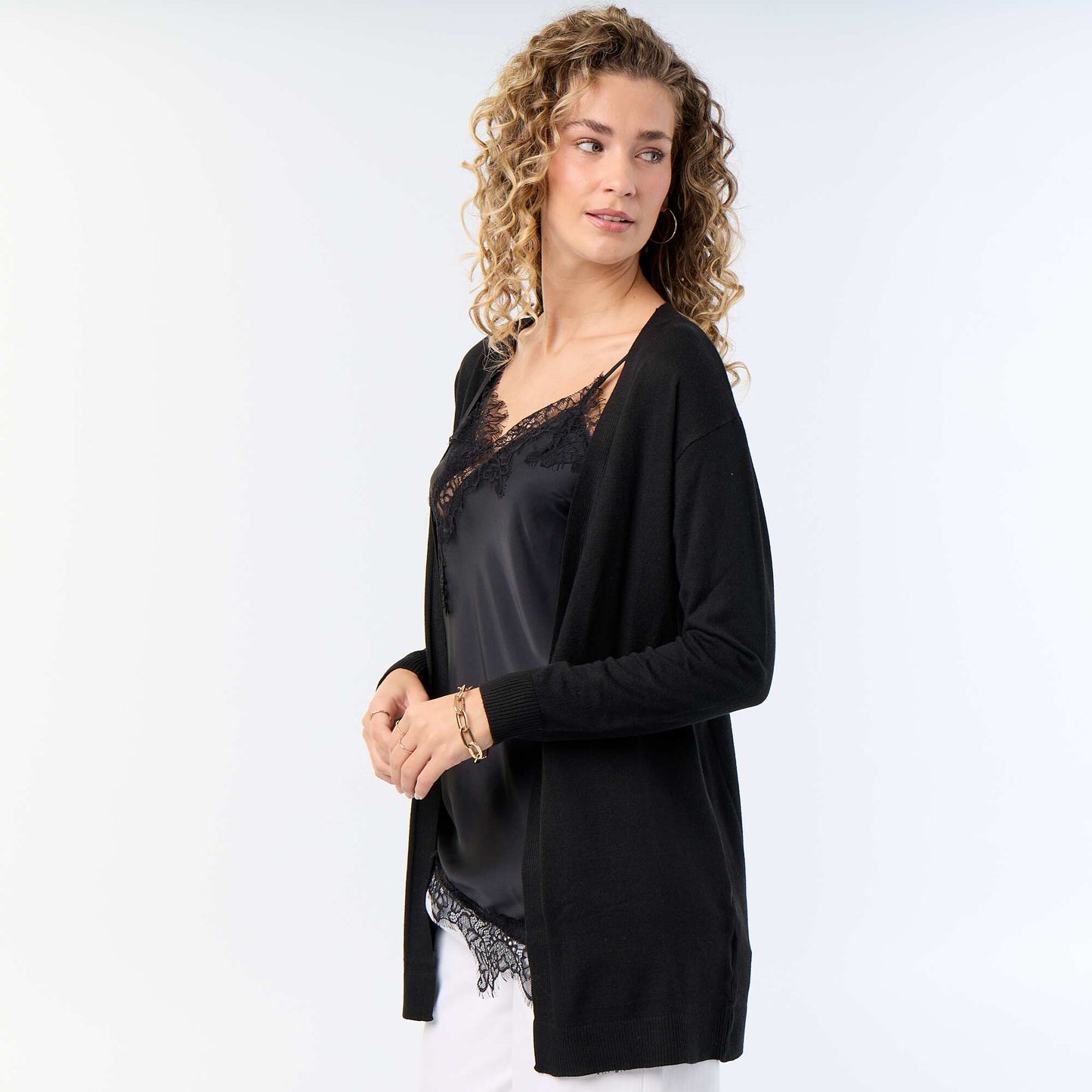 Gilet court ouvert en maille fine jauge NOIR