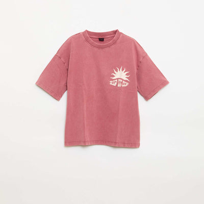 T-shirt imprimé à message à manches courtes ROUGE