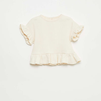 Tee-shirt côtelé avec bords volantés BEIGE