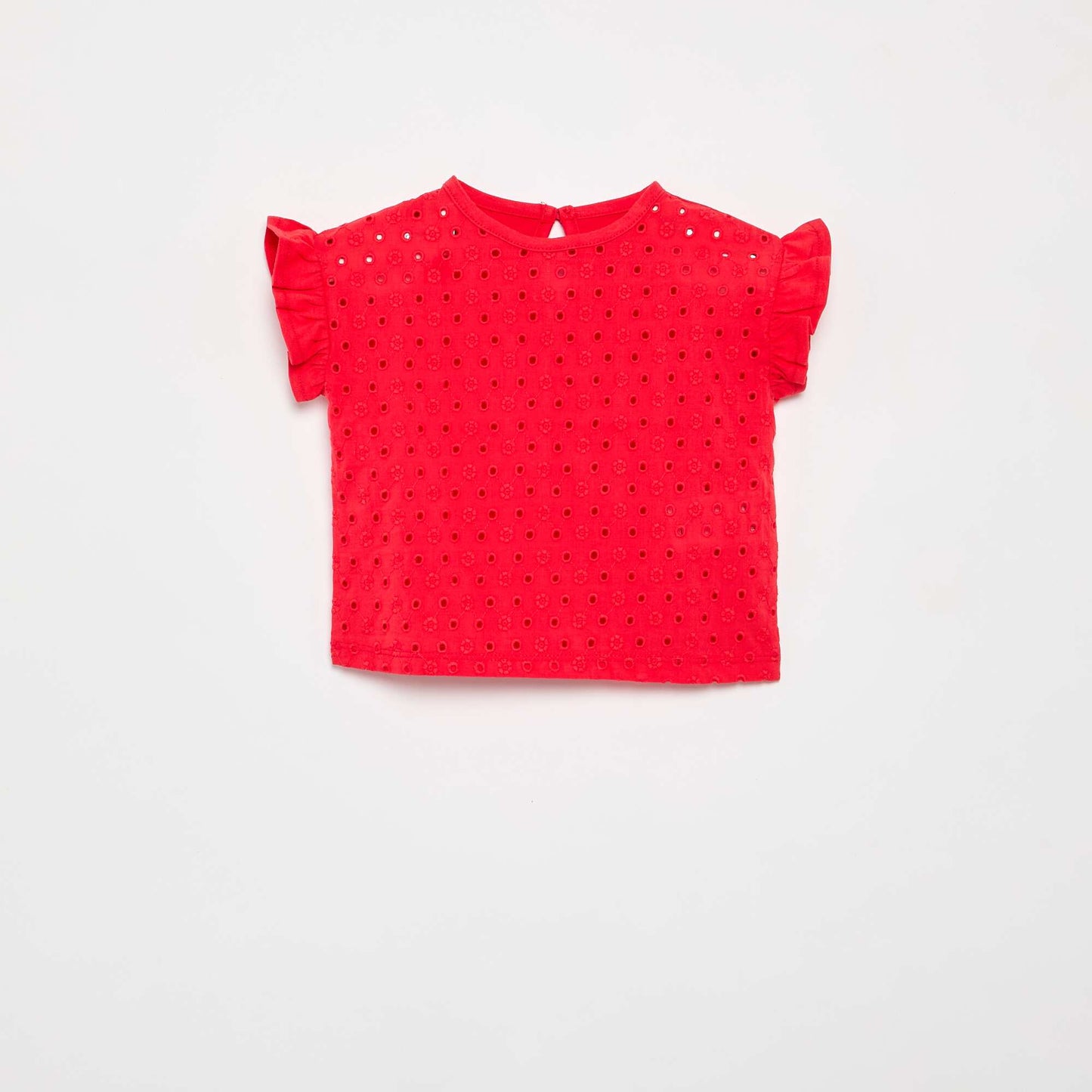 T-shirt à manches courtes volantées et broderies anglaises ROUGE