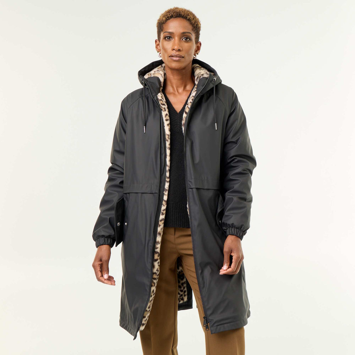 Parka droite doublée en fausse fourrure NOIR