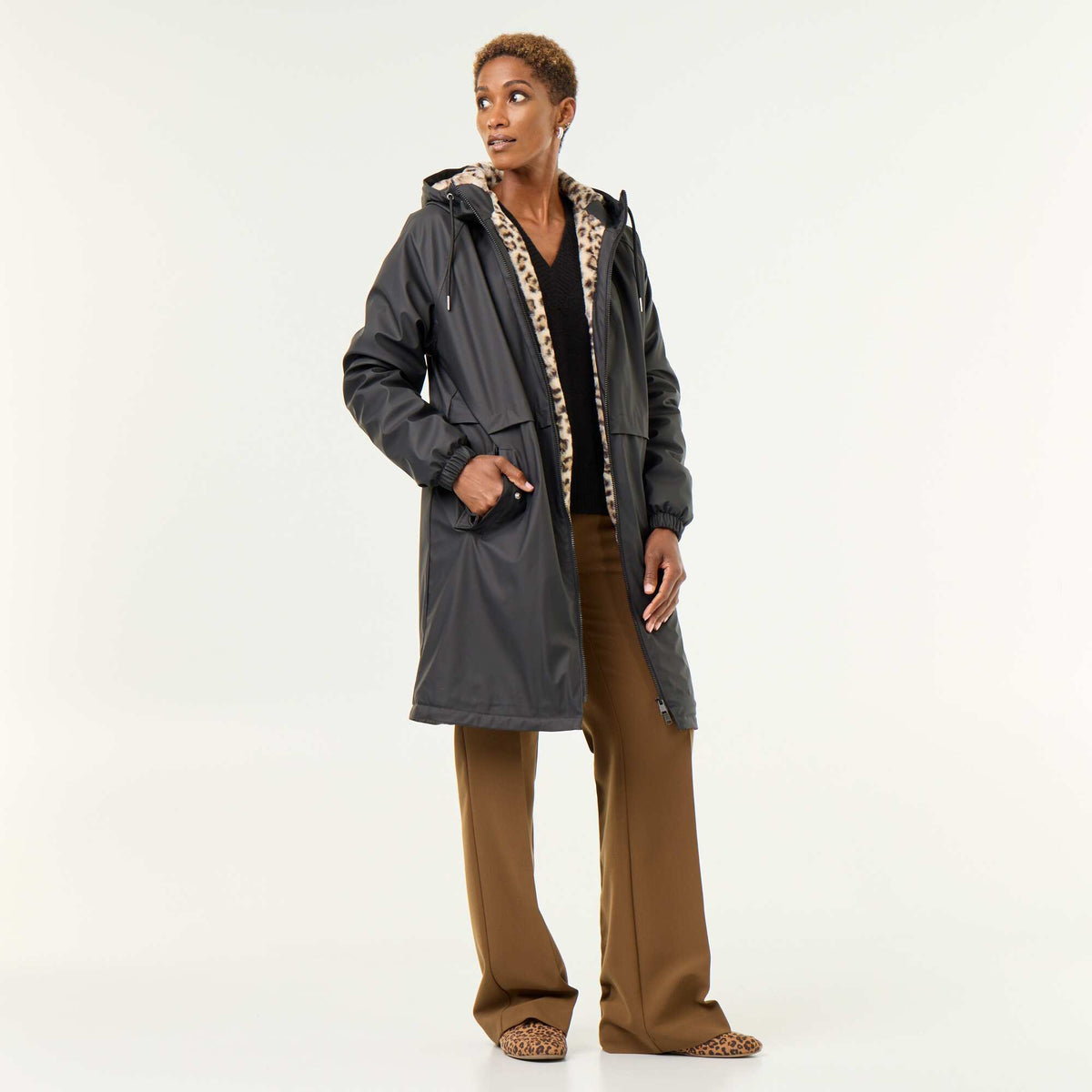 Parka droite doublée en fausse fourrure NOIR