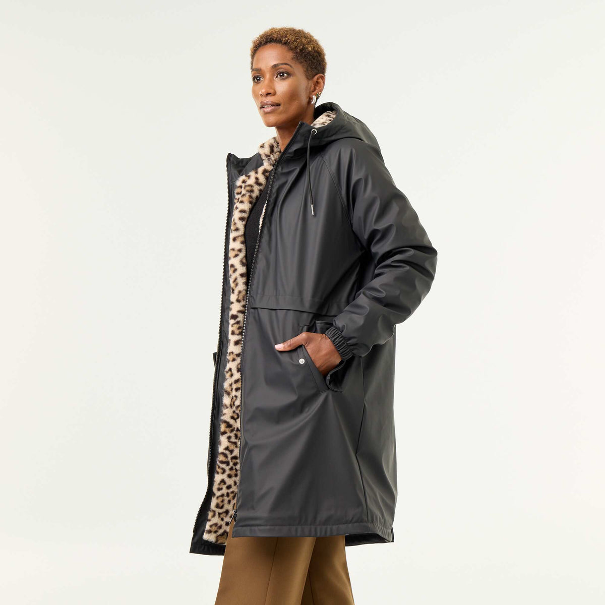 Parka droite doublée en fausse fourrure NOIR