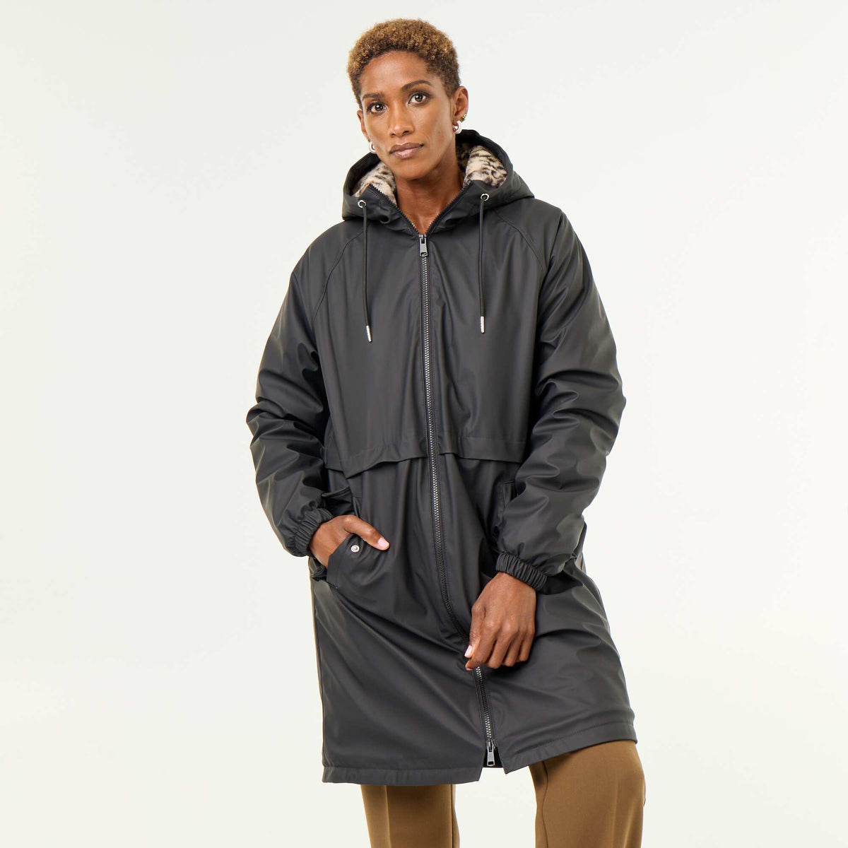 Parka droite doublée en fausse fourrure NOIR