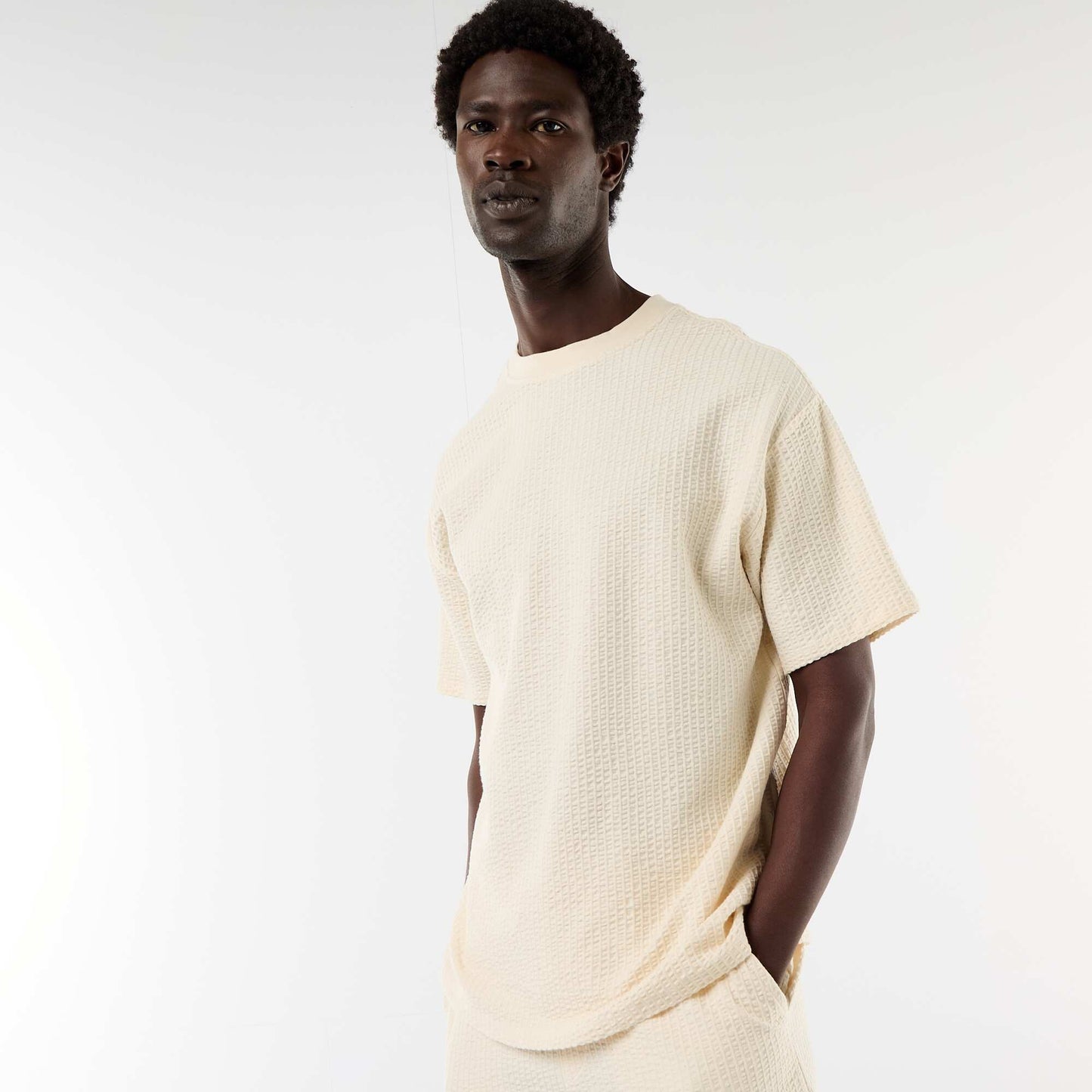 T-shirt imprimé à manches courtes en nid d'abeilles BLANC