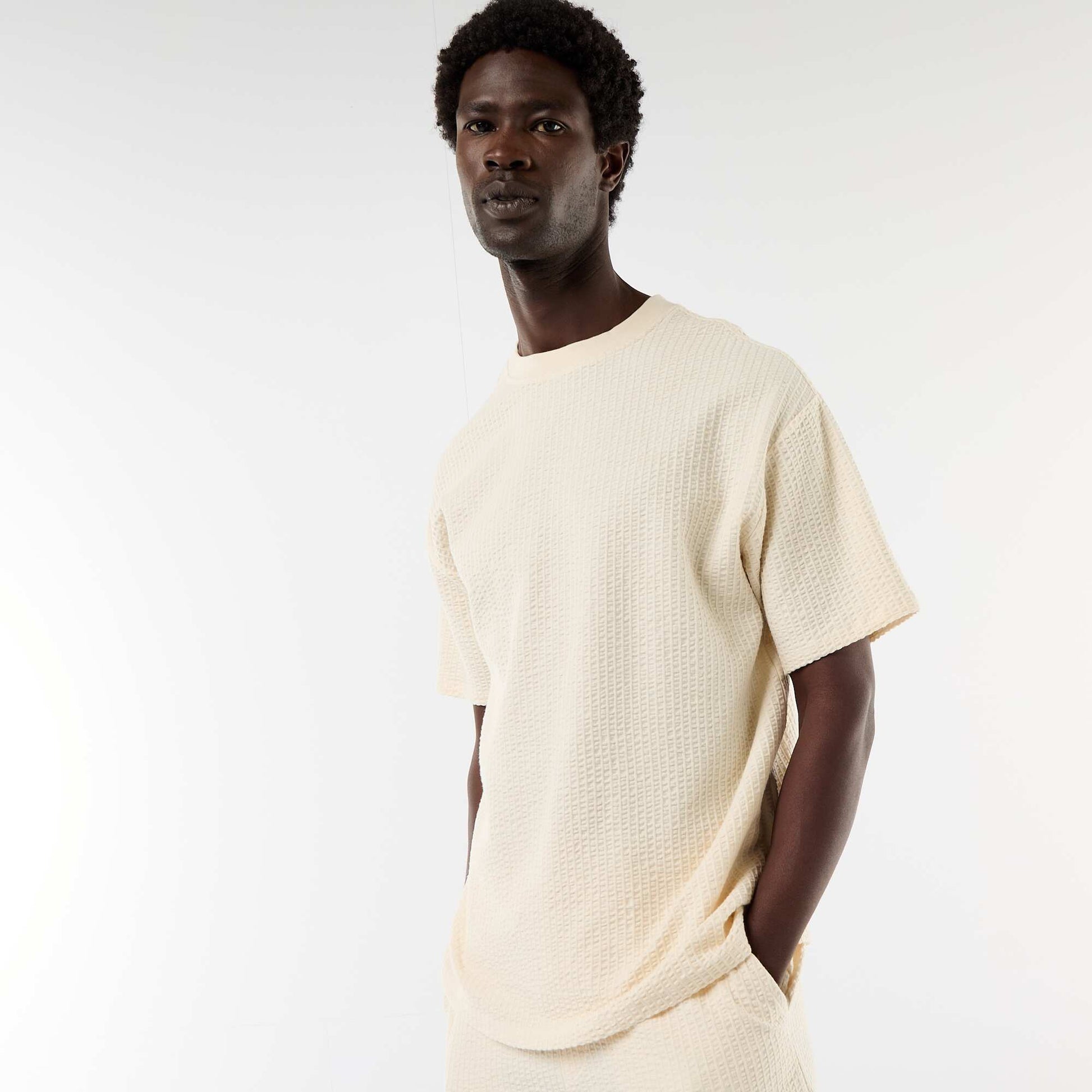 T-shirt imprimé à manches courtes en nid d'abeilles BLANC