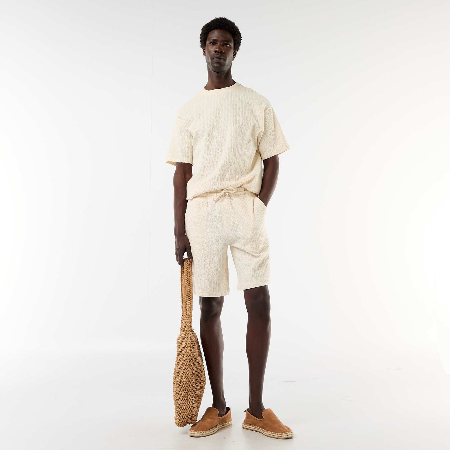 T-shirt imprimé à manches courtes en nid d'abeilles BLANC