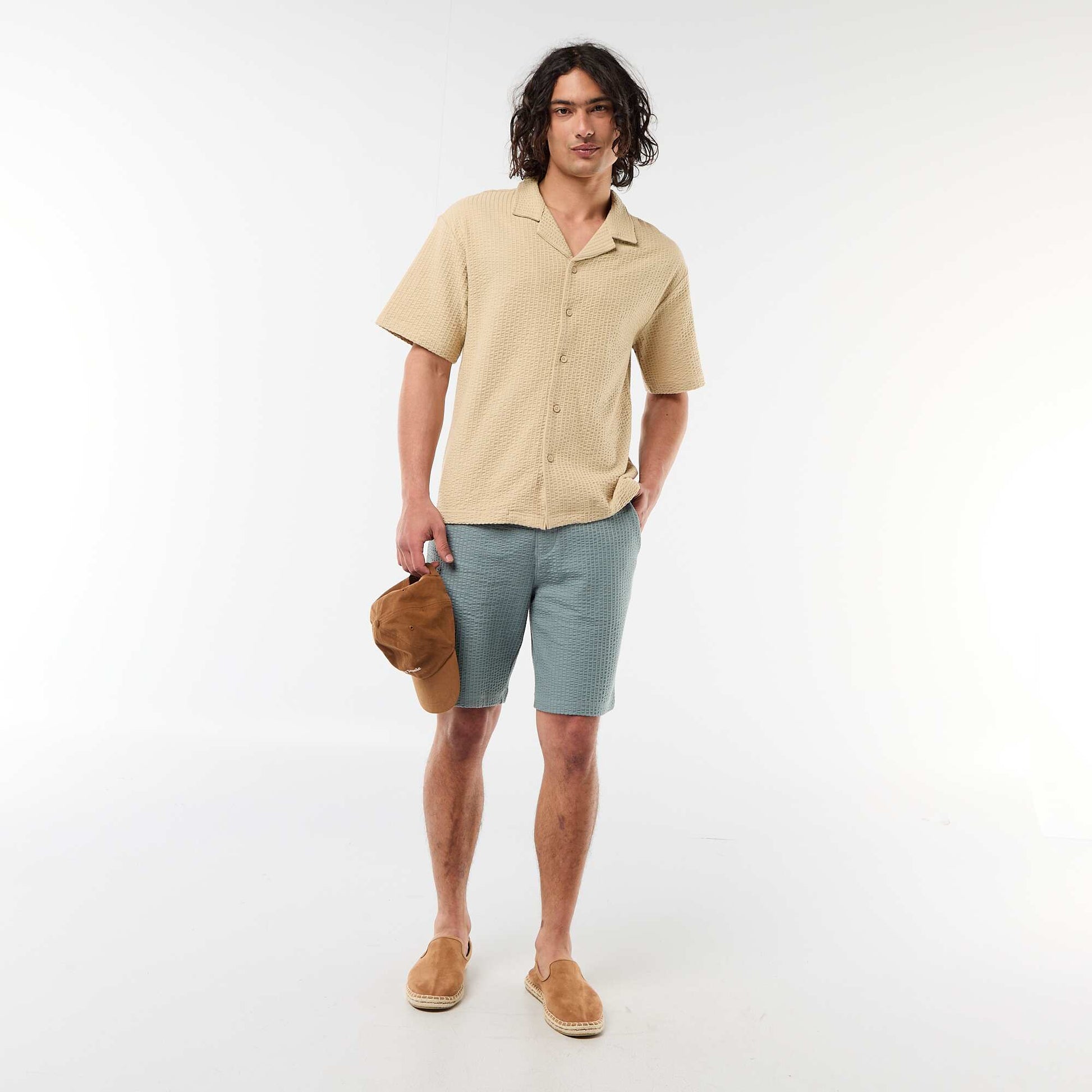 Chemise en maille gaufrée à manches courtes BEIGE