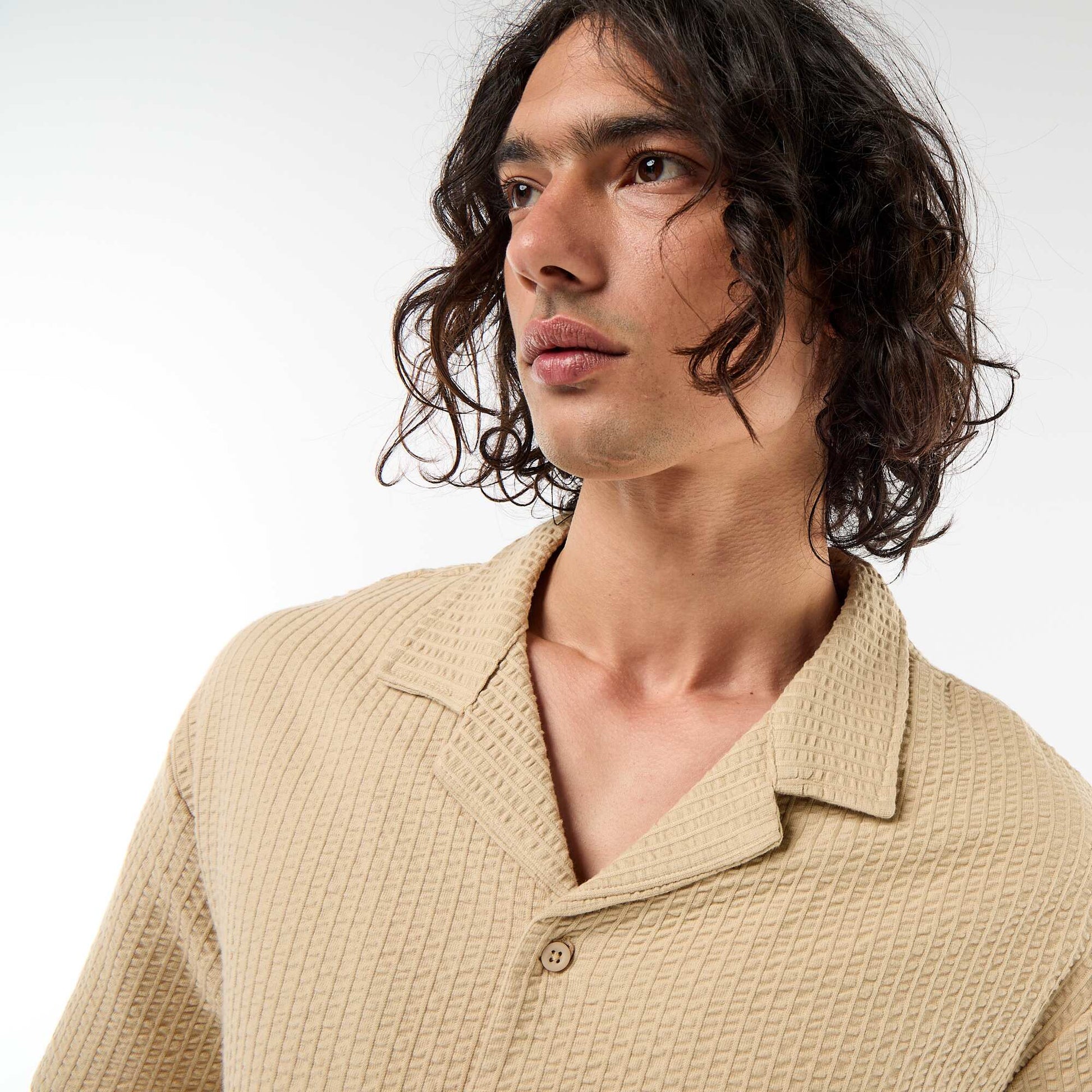Chemise en maille gaufrée à manches courtes BEIGE