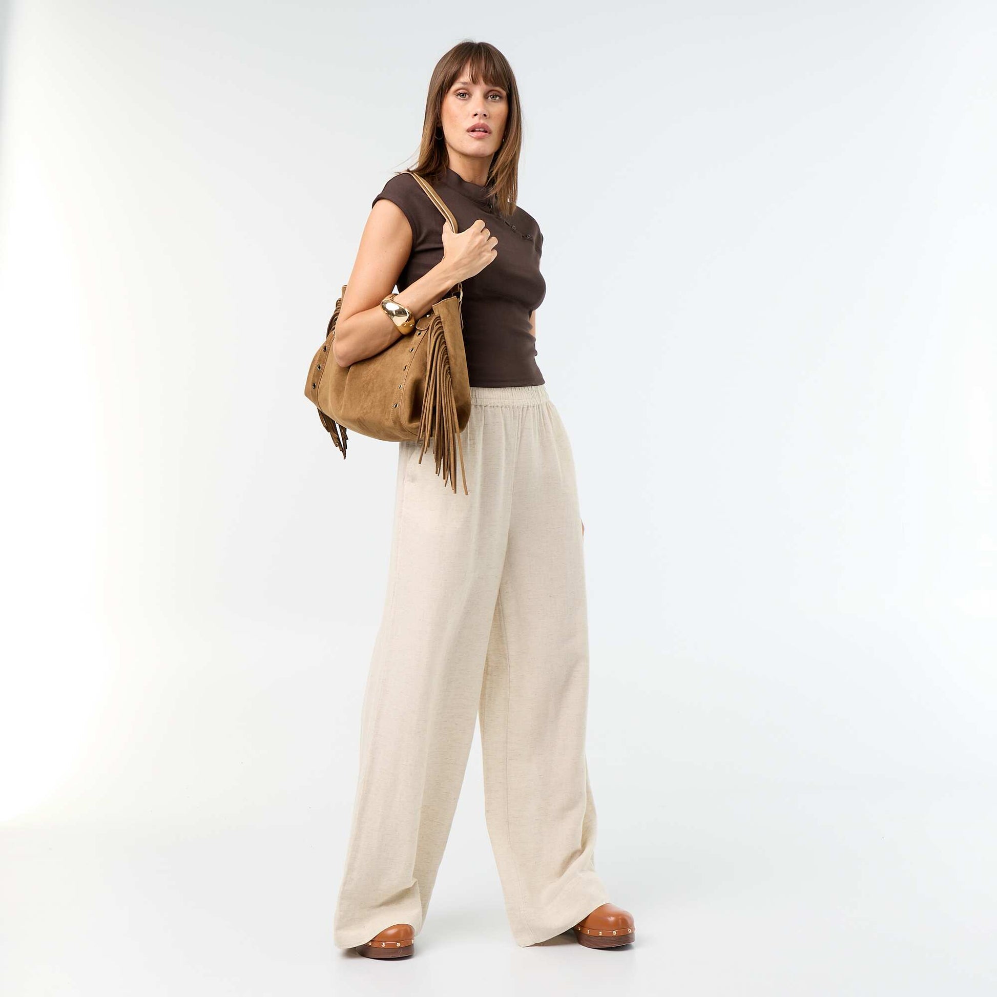 Pantalon large à la taille élastiquée BEIGE