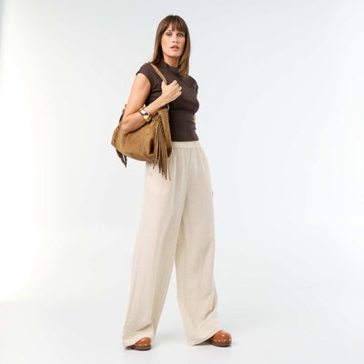 Pantalon large à la taille élastiquée BEIGE