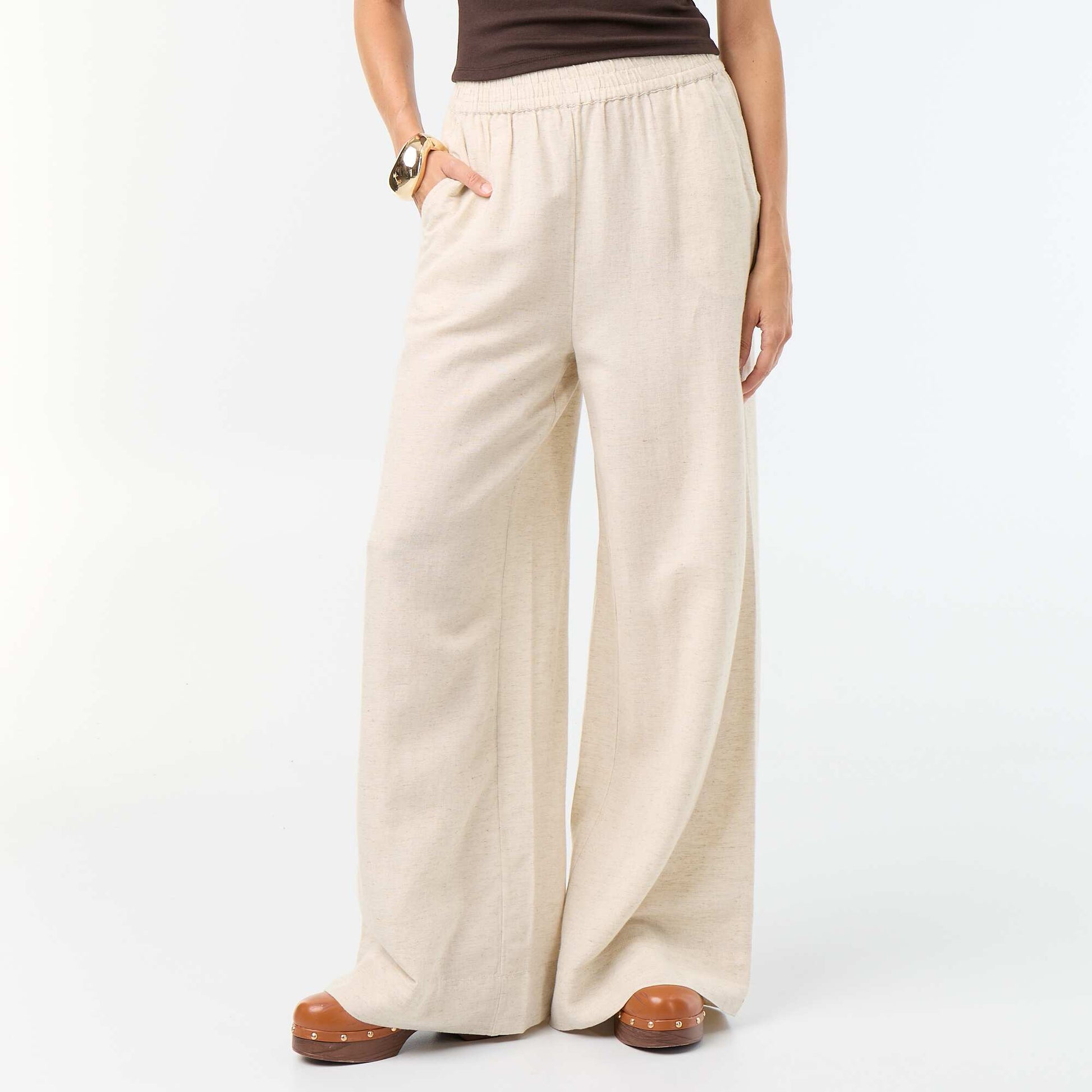 Pantalon large à la taille élastiquée BEIGE