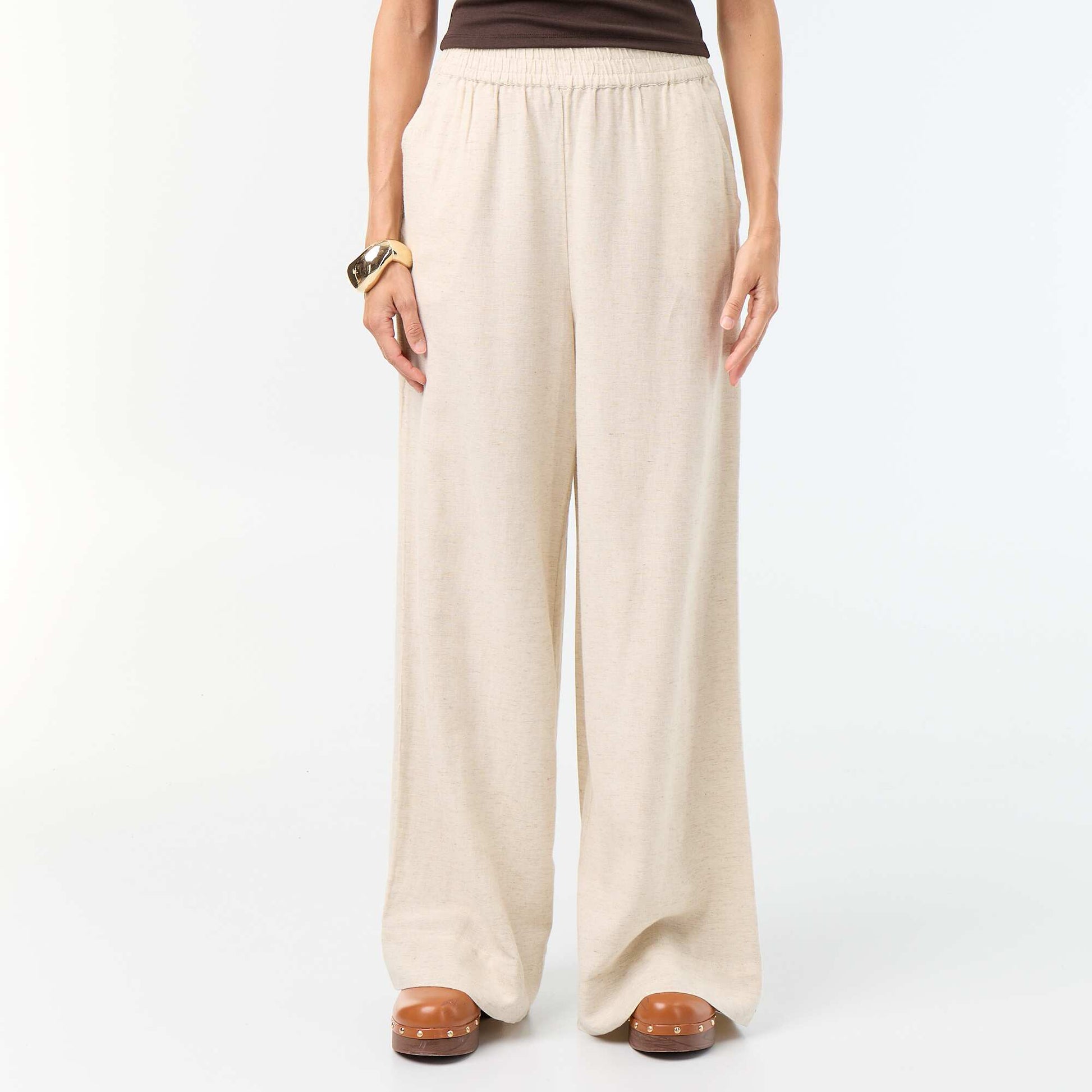 Pantalon large à la taille élastiquée BEIGE