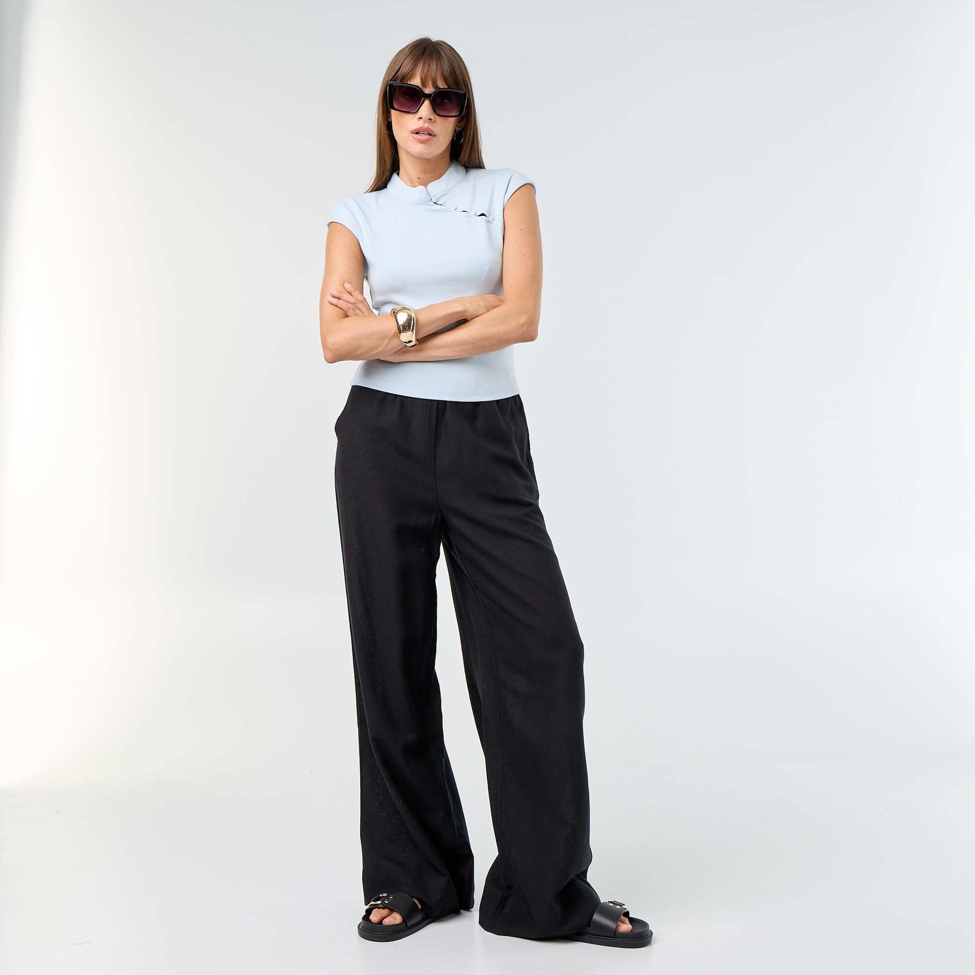 Pantalon large à la taille élastiquée NOIR
