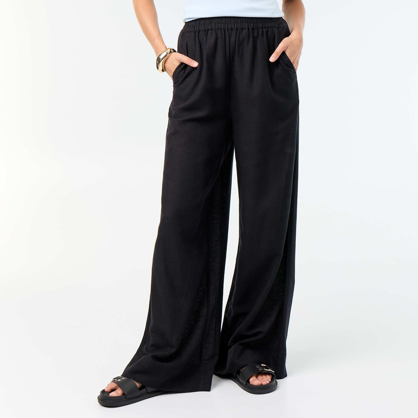 Pantalon large à la taille élastiquée NOIR