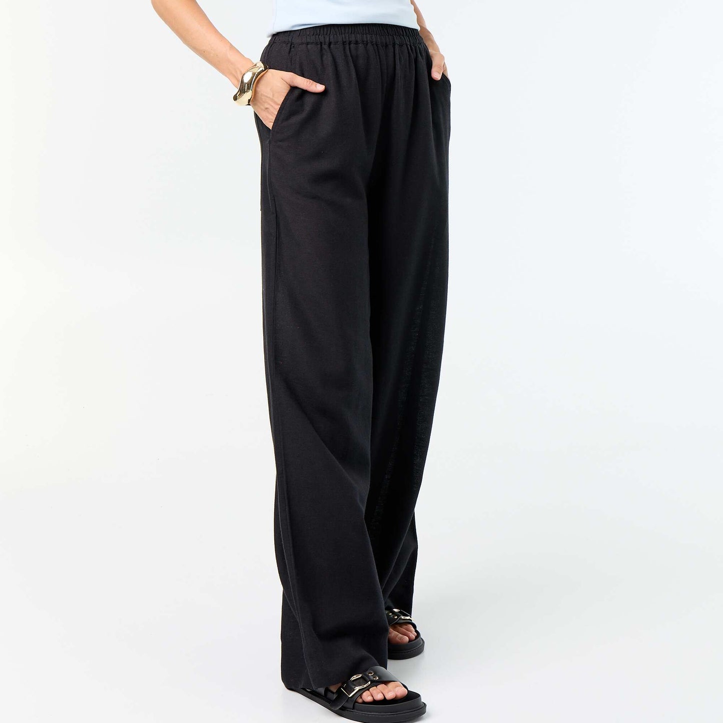 Pantalon large à la taille élastiquée NOIR
