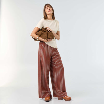 Pantalon large à la taille élastiquée MARRON