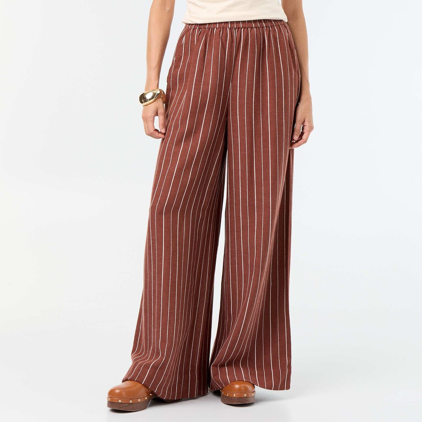 Pantalon large à la taille élastiquée MARRON
