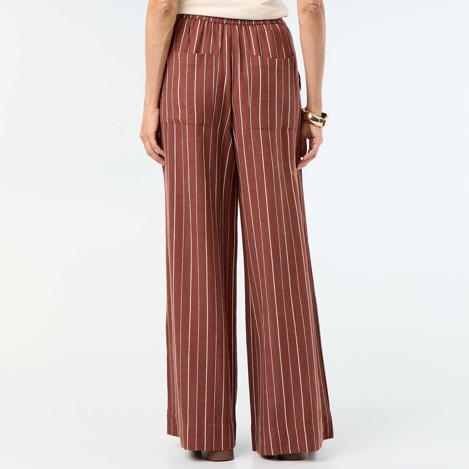 Pantalon large à la taille élastiquée MARRON