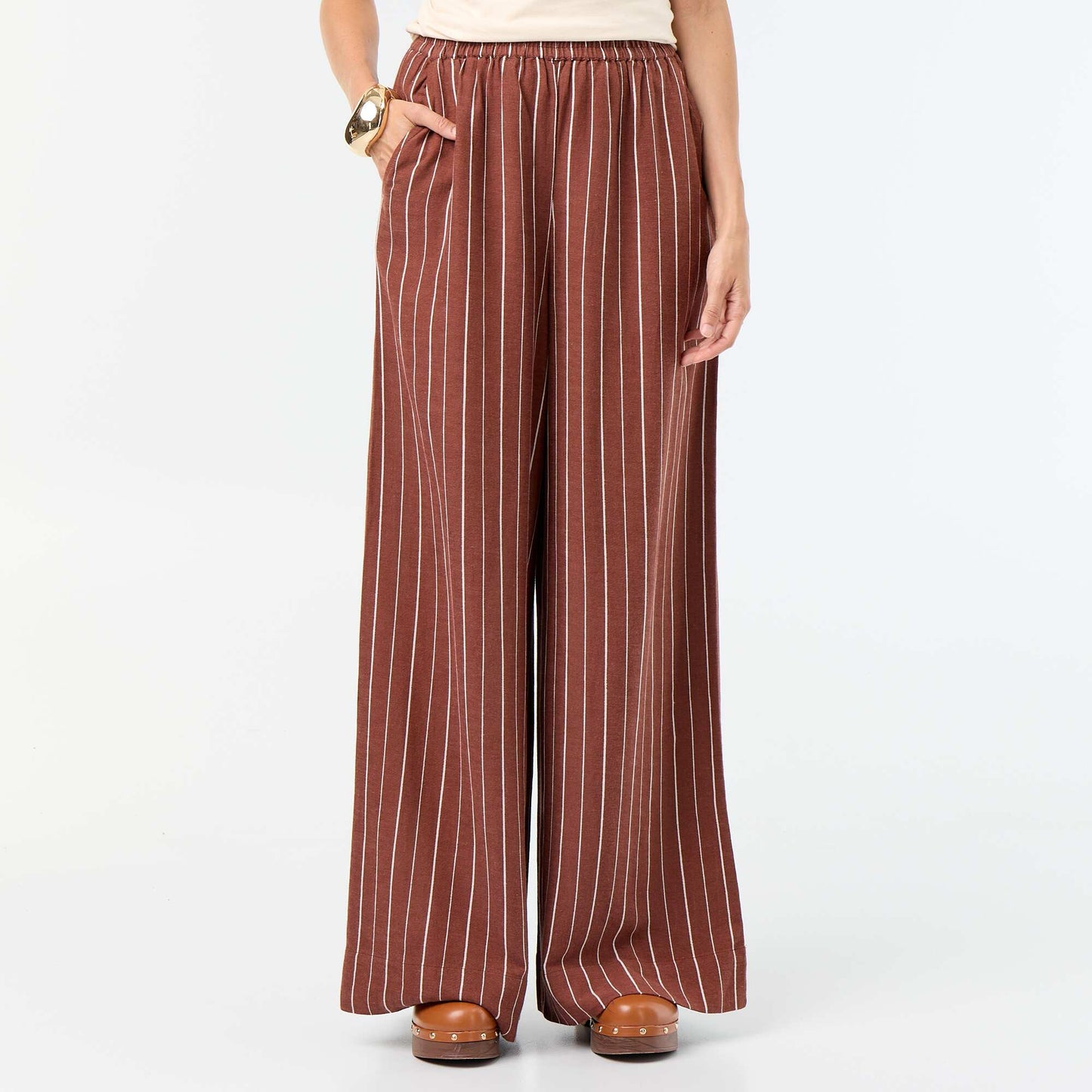 Pantalon large à la taille élastiquée MARRON
