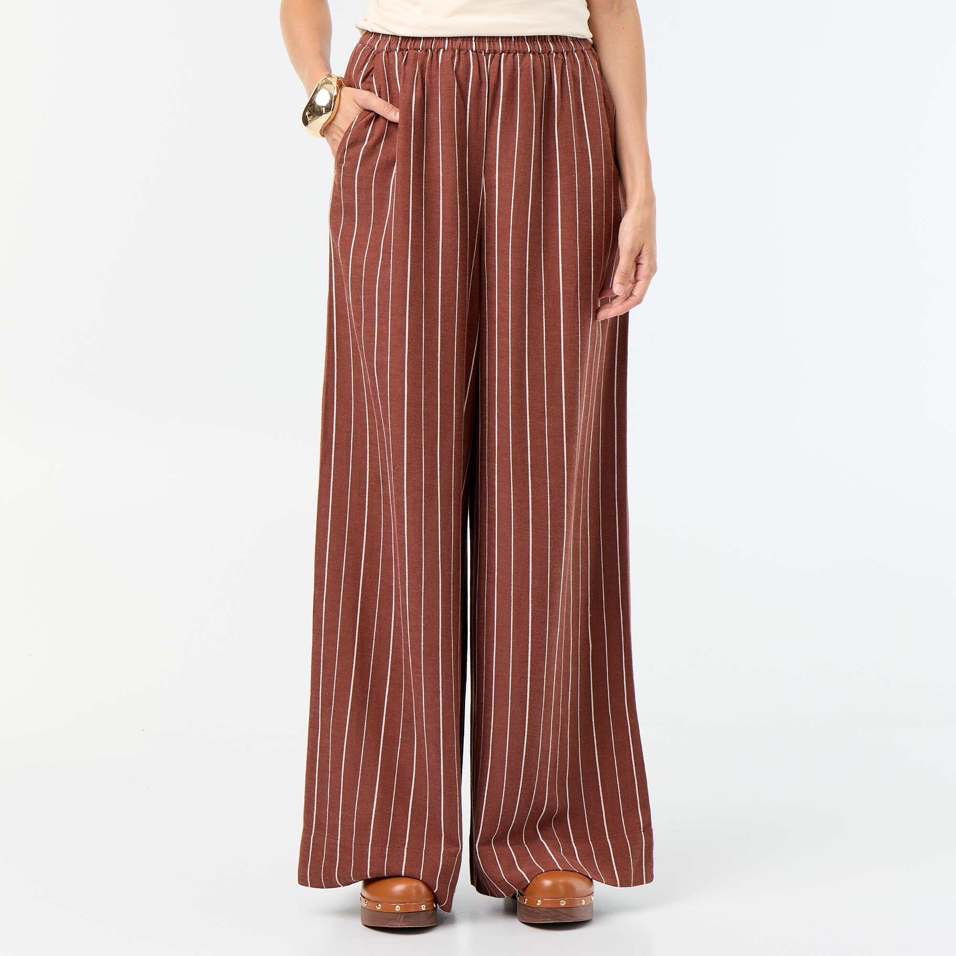 Pantalon large à la taille élastiquée MARRON