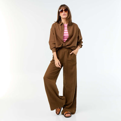 Pantalon large à la taille élastiquée MARRON