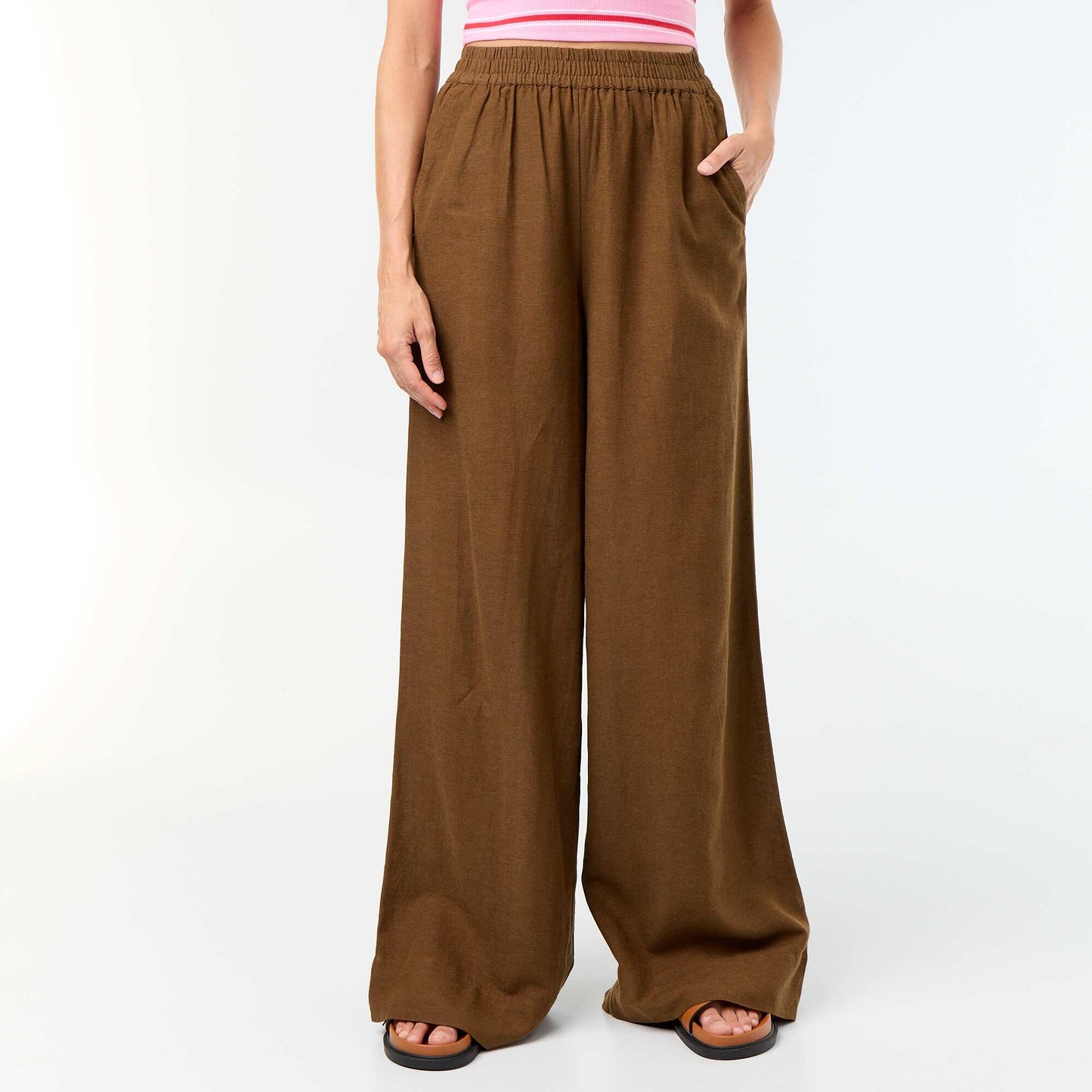 Pantalon large à la taille élastiquée MARRON