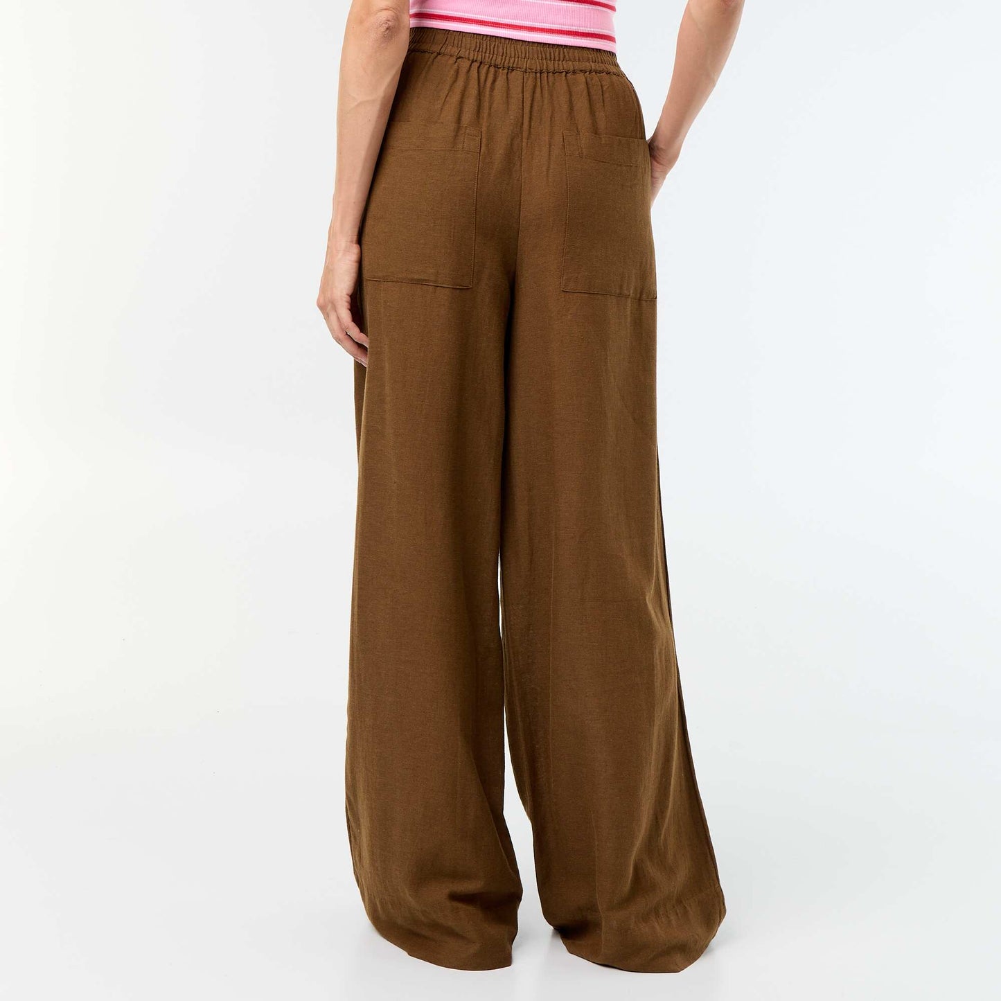 Pantalon large à la taille élastiquée MARRON