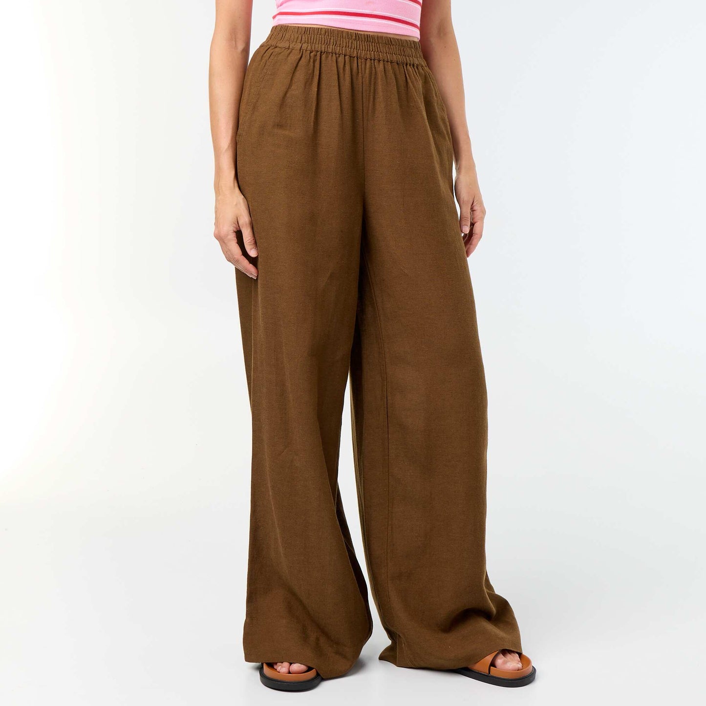 Pantalon large à la taille élastiquée MARRON