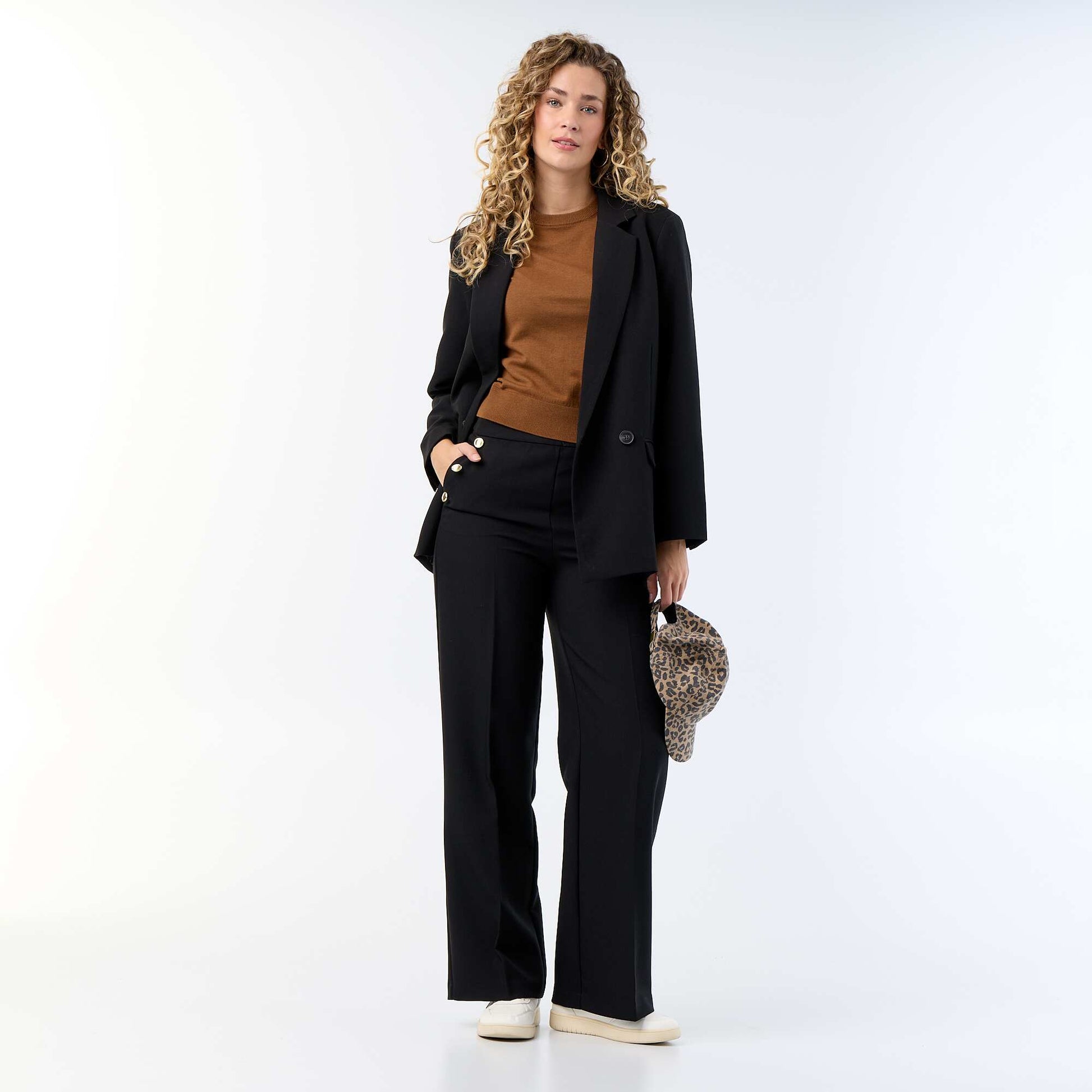 Pantalon large avec boutons dorés fantaisies sur les poches NOIR