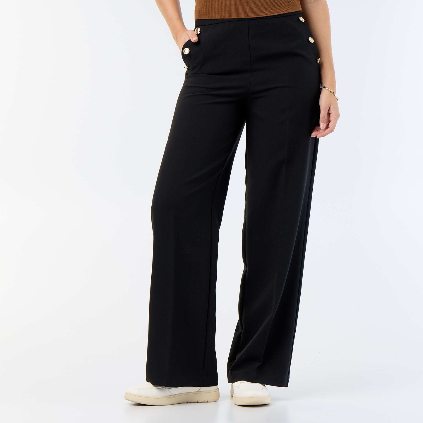Pantalon large avec boutons dorés fantaisies sur les poches NOIR