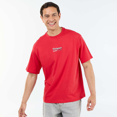 T-shirt à manches courtes avec imprimés et broderies recto/verso ROUGE
