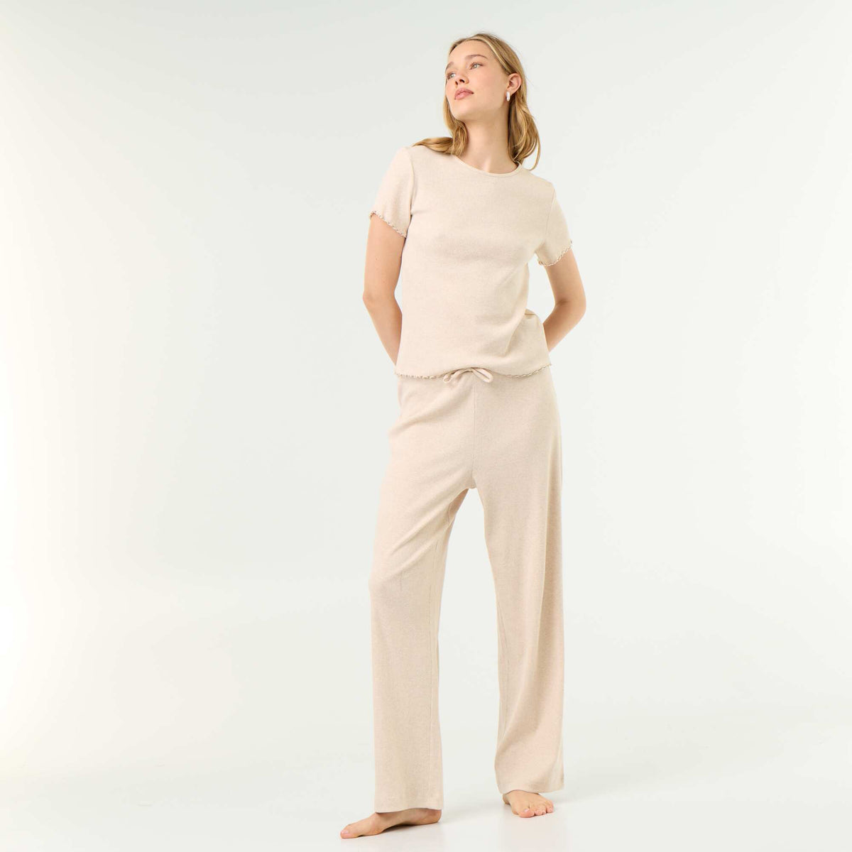 Pantalon de pyjama en maille côtelée BEIGE
