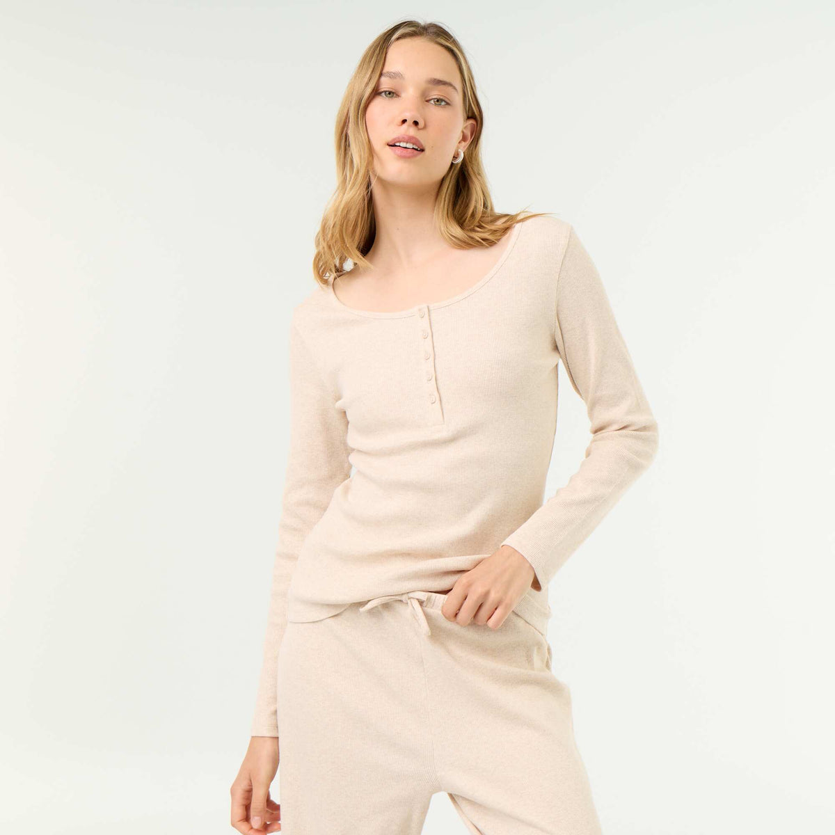 T-shirt de pyjama en maille côtelée BEIGE