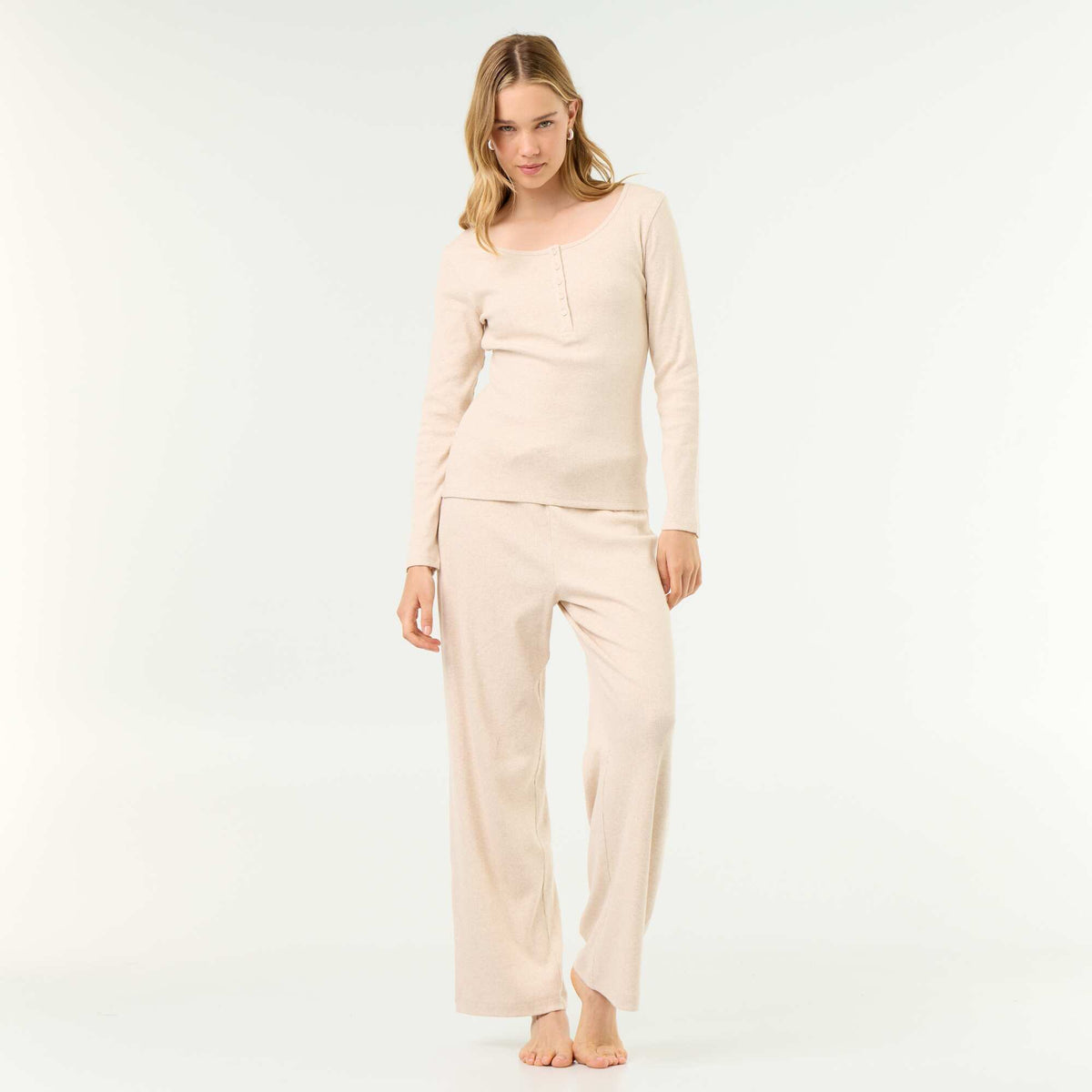 T-shirt de pyjama en maille côtelée BEIGE
