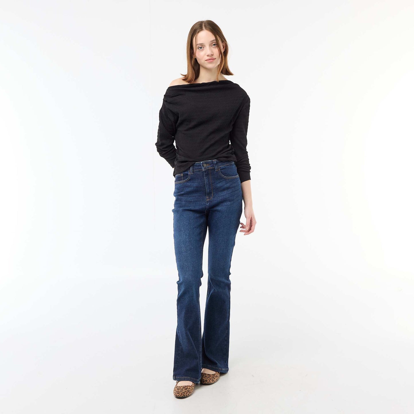 T-shirt manches longues en maille gaufrée NOIR