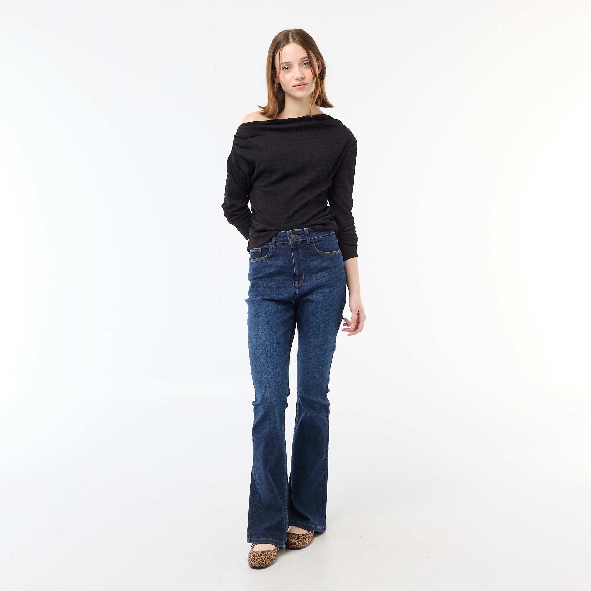 T-shirt manches longues en maille gaufrée NOIR