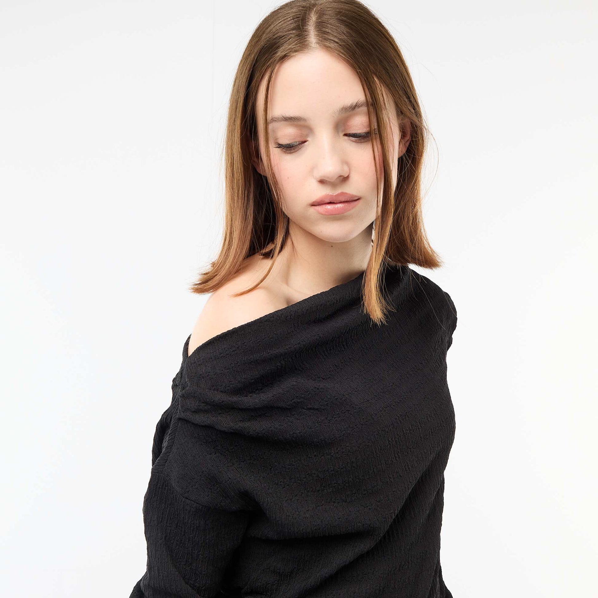 T-shirt manches longues en maille gaufrée NOIR