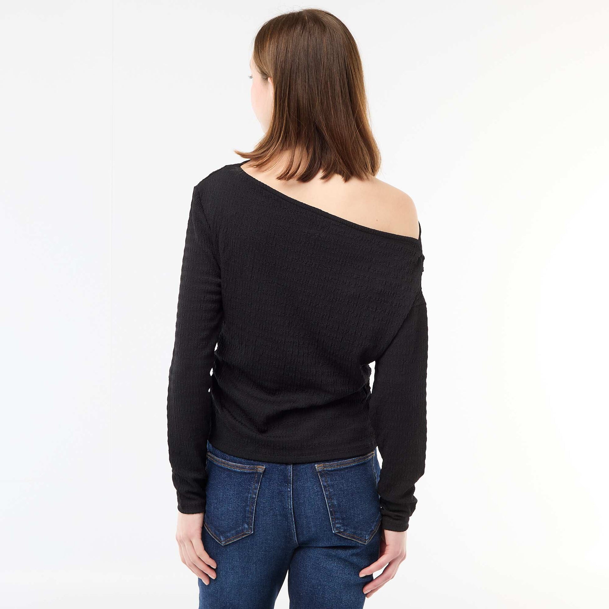 T-shirt manches longues en maille gaufrée NOIR
