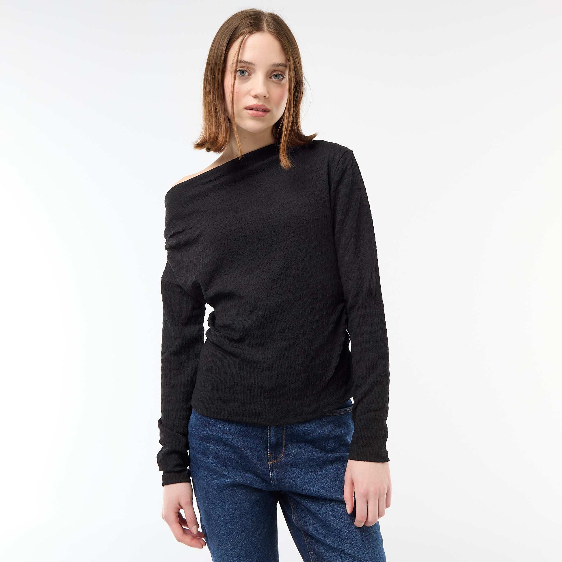 T-shirt manches longues en maille gaufrée NOIR