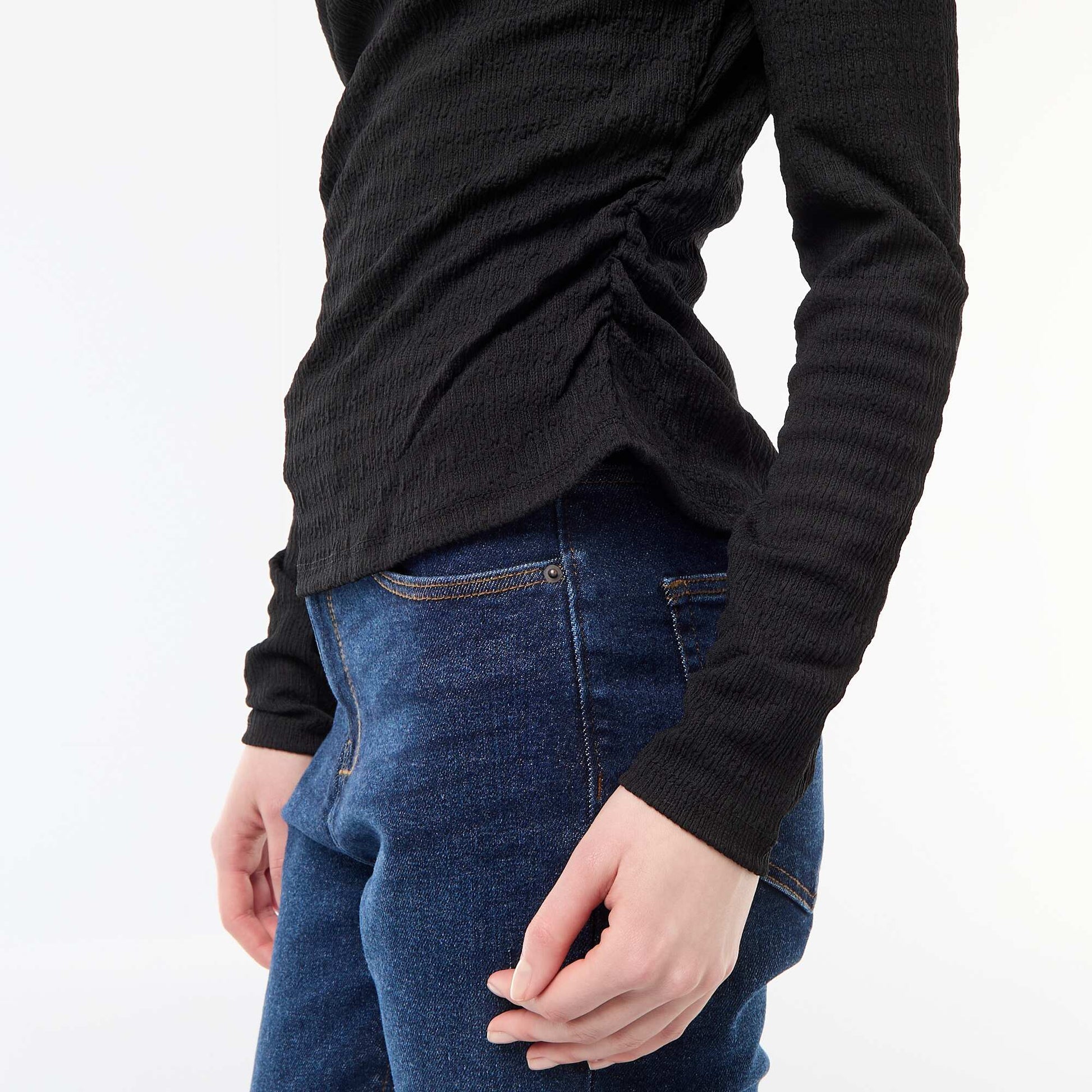 T-shirt manches longues en maille gaufrée NOIR