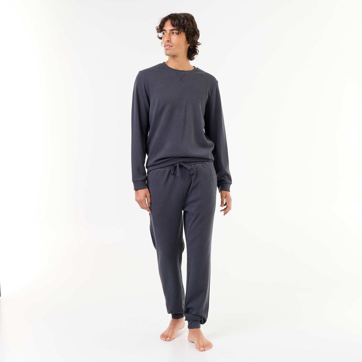 Ensemble pyjama long t-shirt + pantalon gaufrés - 2 pièces BLEU