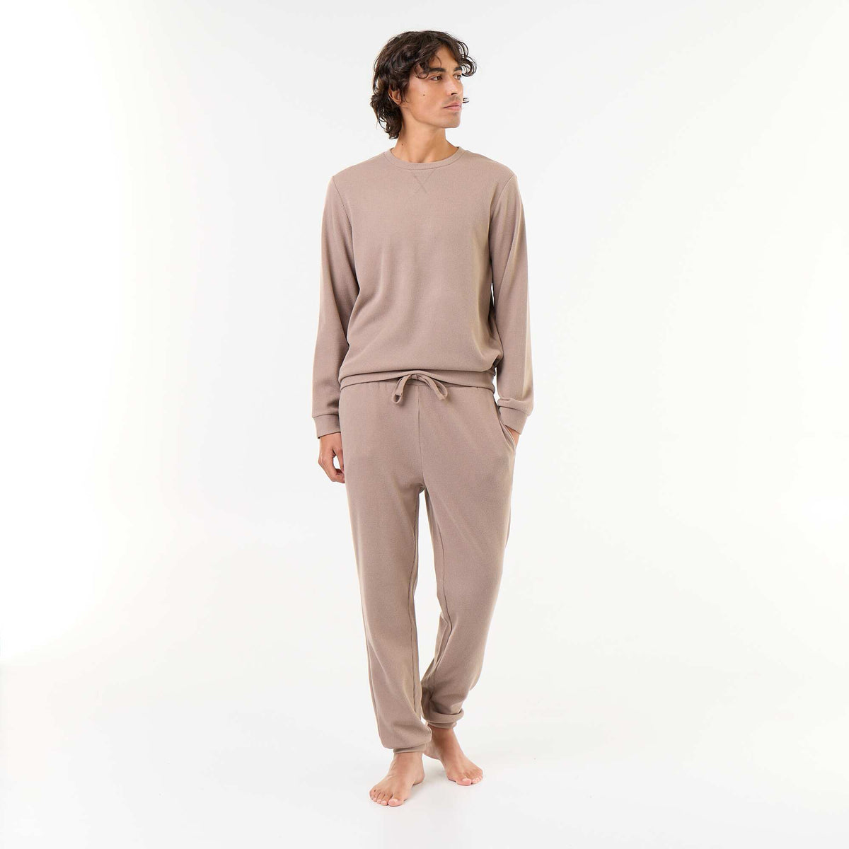 Ensemble pyjama long t-shirt + pantalon gaufrés - 2 pièces BEIGE