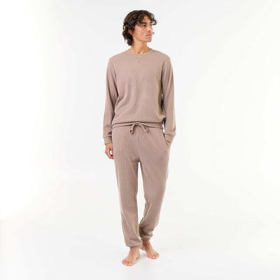 Ensemble pyjama long t-shirt + pantalon gaufrés - 2 pièces BEIGE