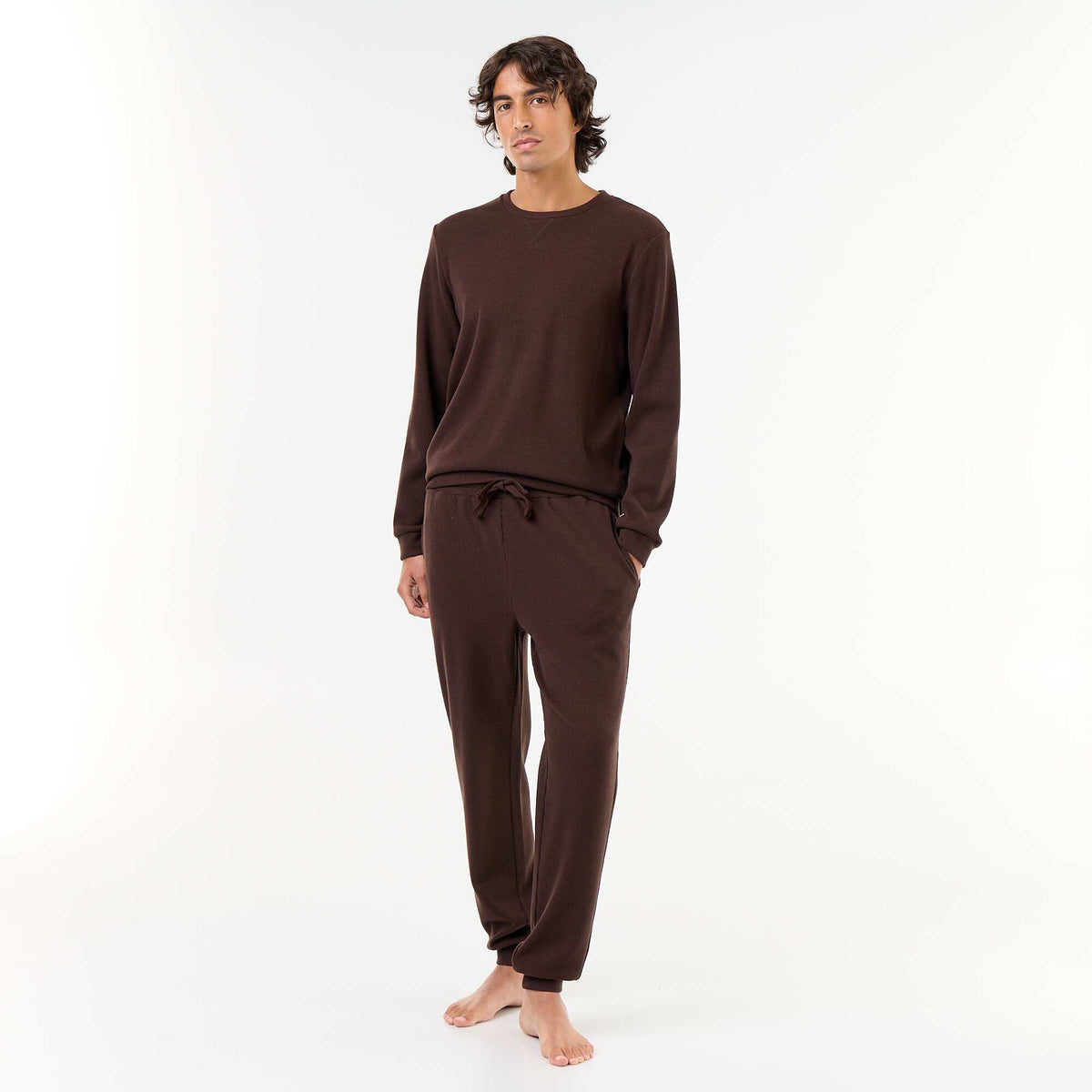 Ensemble pyjama long t-shirt + pantalon gaufrés - 2 pièces MARRON