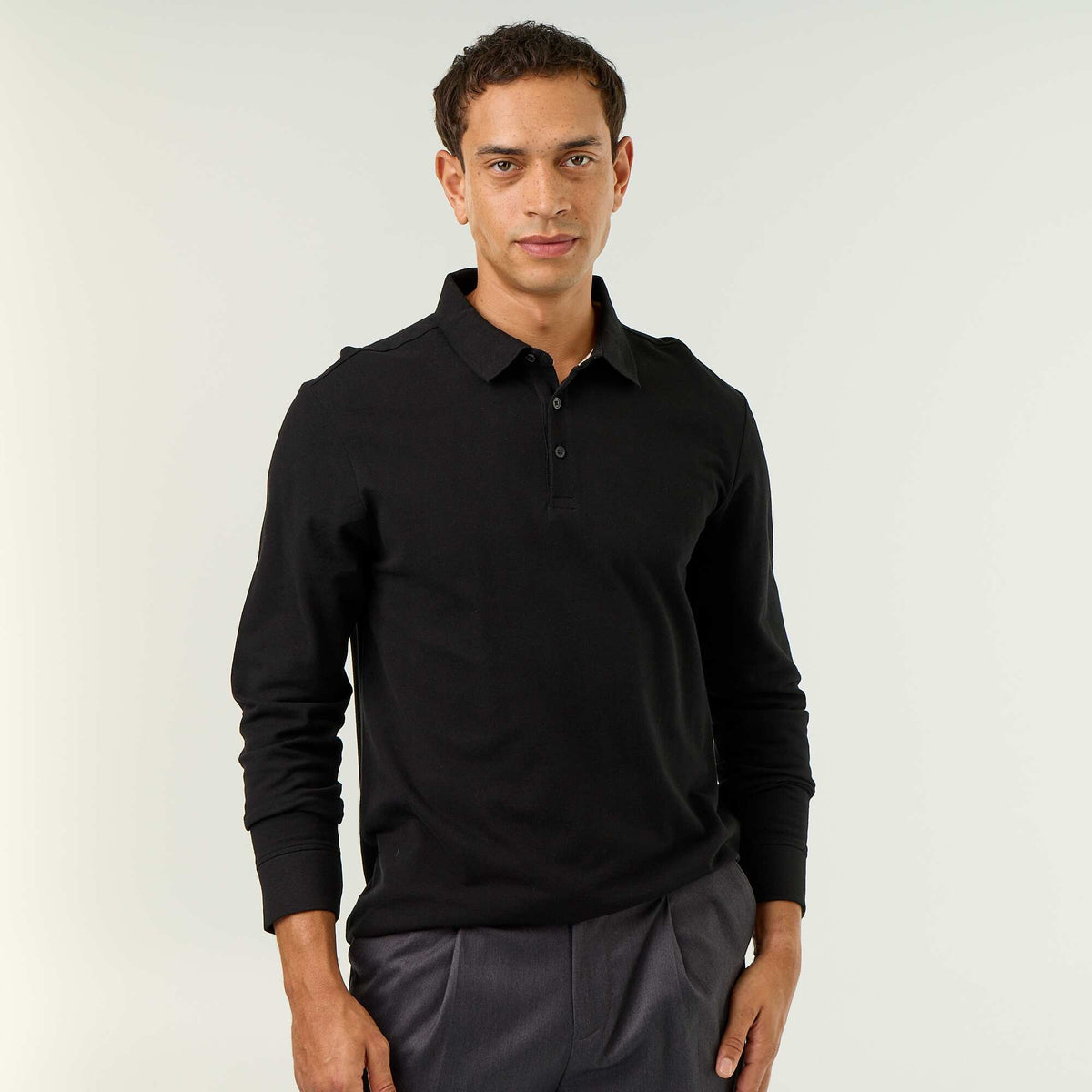 Polo en maille piquée manches longues NOIR